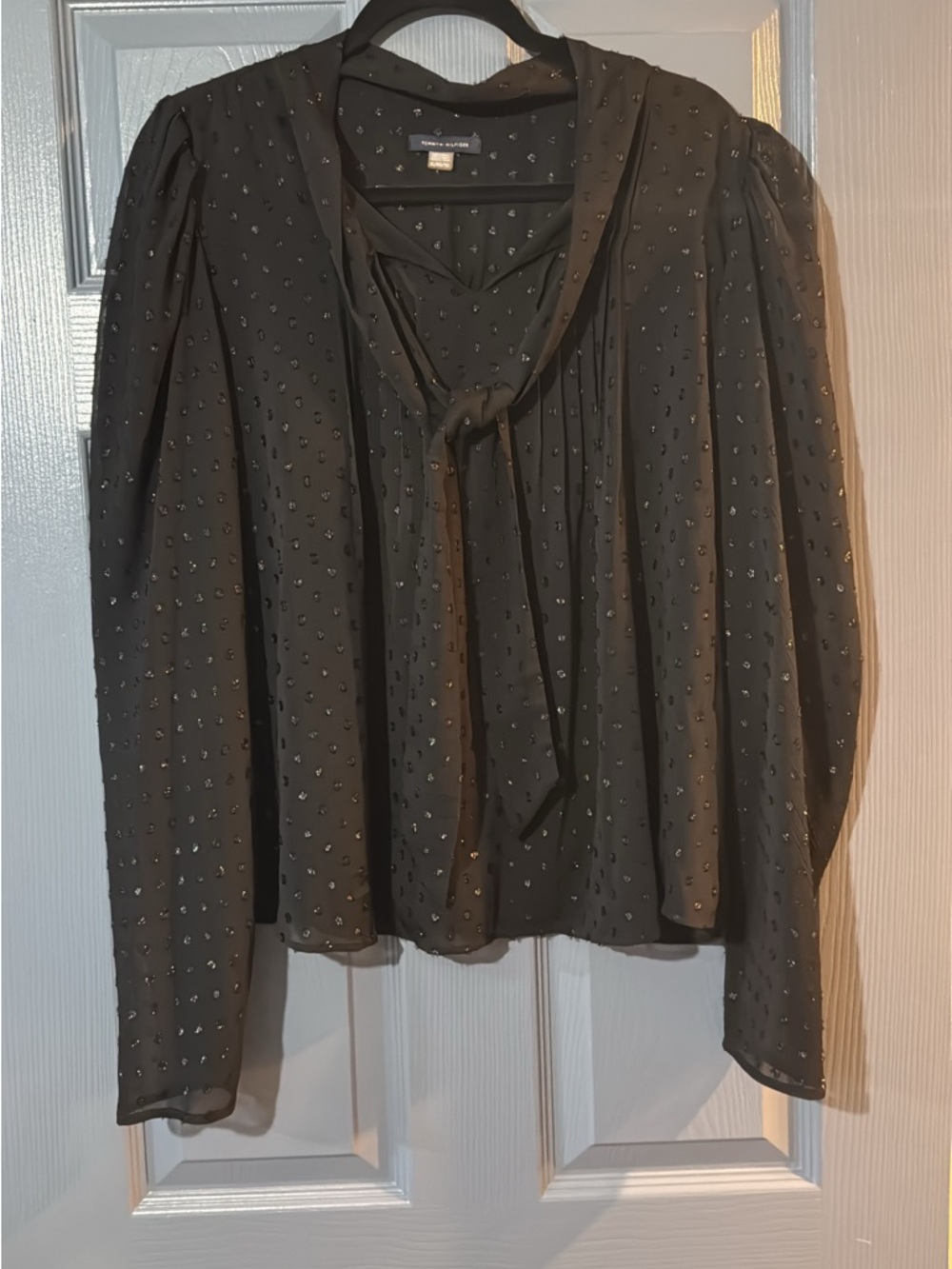 Tommy Hilfiger Black Sheer Dot Tie-Neck Blouse